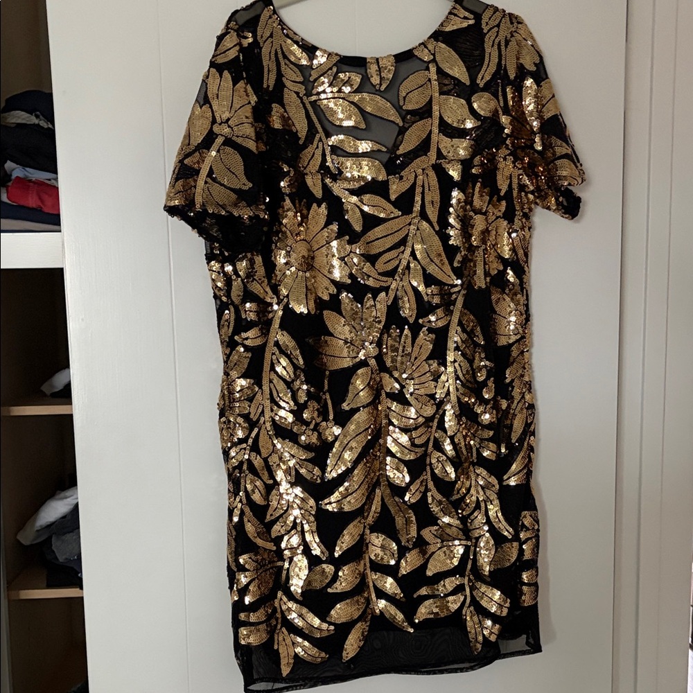 Anthropologie Black and Gold Floral Sequin Mini Dress